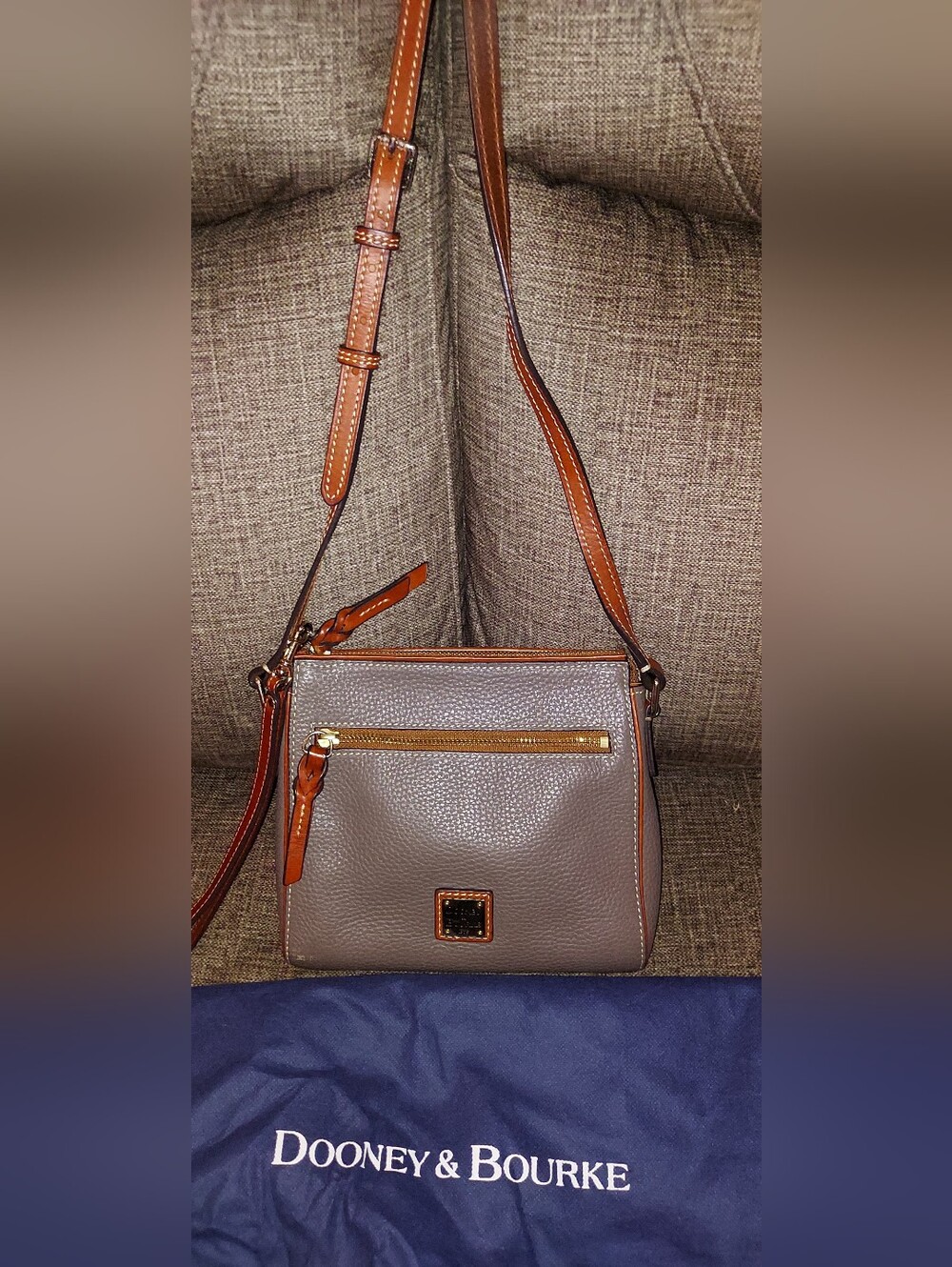 Dooney & Bourke Taupe Pebbled Leather Crossbody with Brown Trim